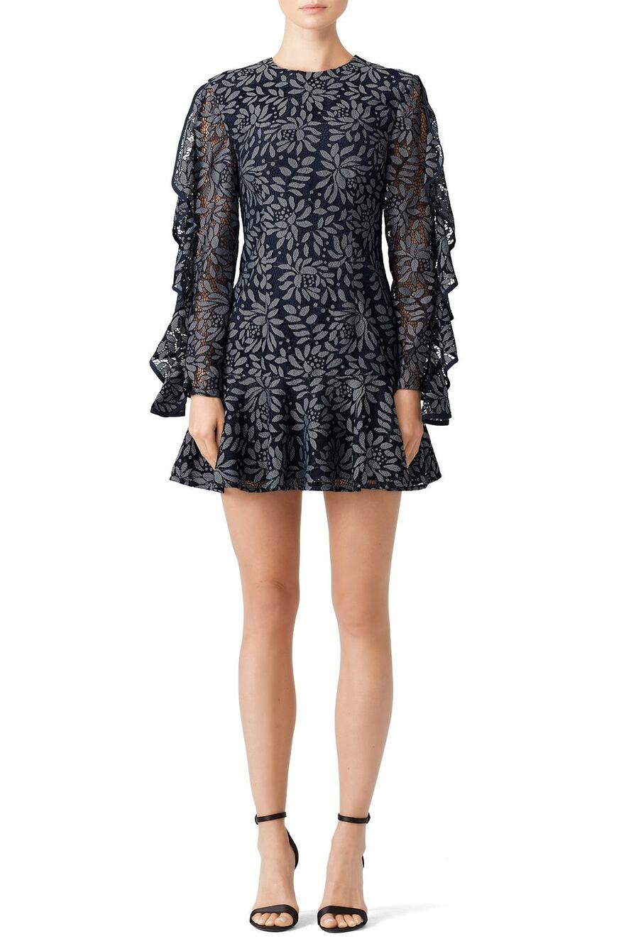 Keepsake Floral Ruffled Navy Blue Gray Engage Mini Dress Women's Size Large